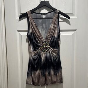 VENUS Brown and Gray Asymmetrical Embellished Tank Top